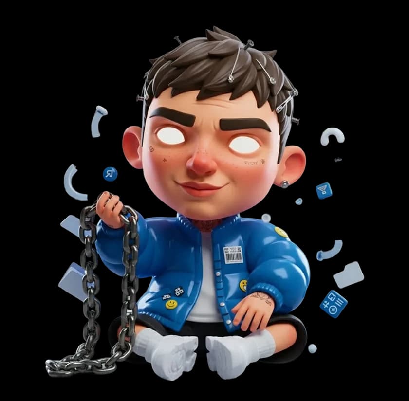 3D cartoon character with blank eyes, short brown hair, wearing a blue jacket and holding a metal chain, sits cross-legged surrounded by floating digital icons and fragments.