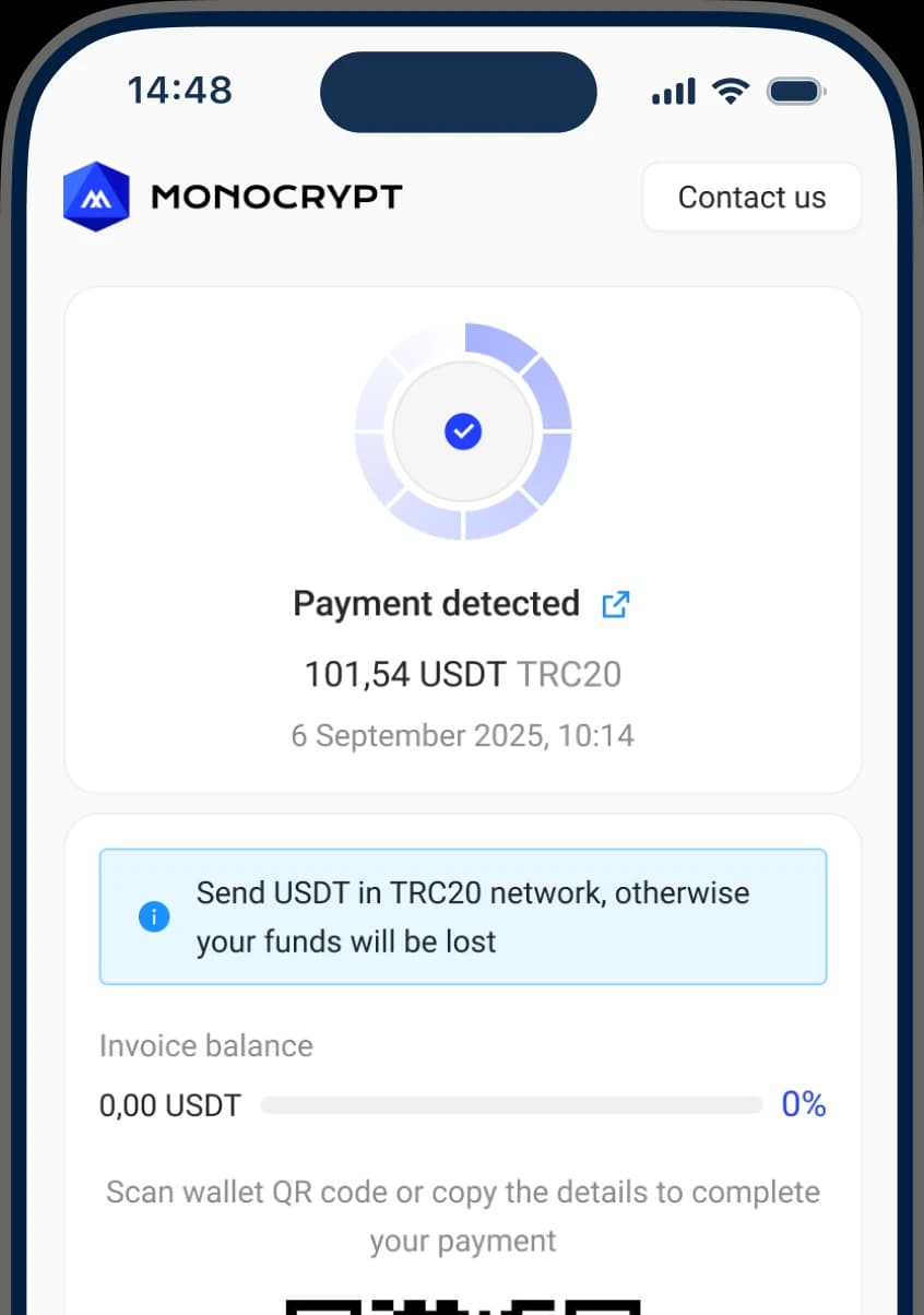 A smartphone screen displays a MONOCRYPT payment confirmation: 101.54 USDT TRC20 on 6 September 2025 at 10:14. Perfect for business crypto wallets, a TRC20 warning and QR code are also visible.
