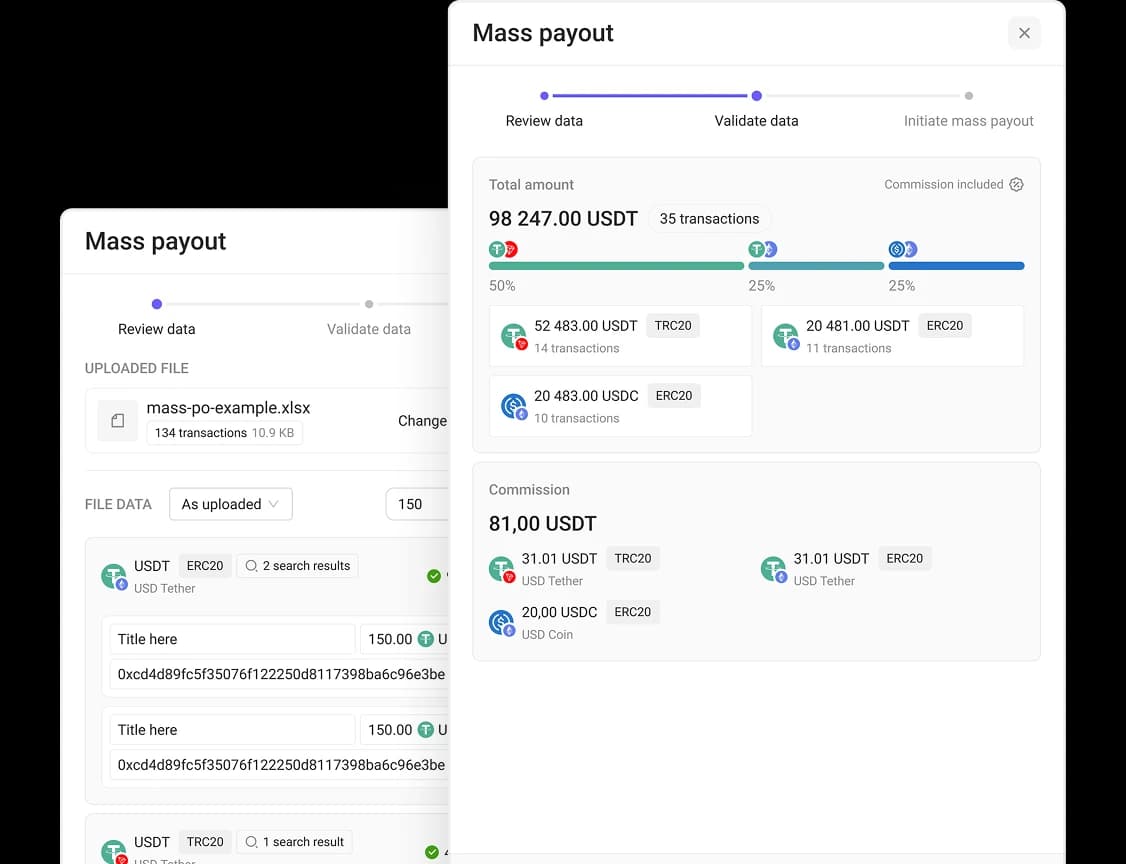 A digital interface displays a Mass payout process with progress bars, transaction amounts in USDT and USDC, and options to review and validate uploaded payout data—ideal for mass crypto payouts using business crypto wallets.