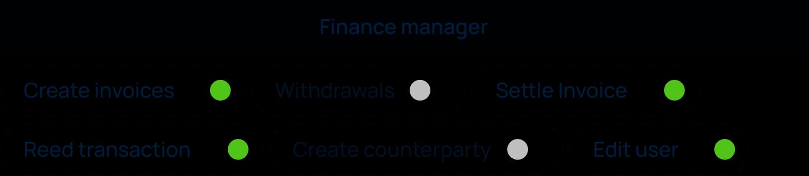 A user interface screen titled Finance Manager displays toggles: Create invoices (on), Withdrawals (off), Settle Invoice (on), and Reed transaction (on) for managing business crypto wallets and customizable payment solutions.