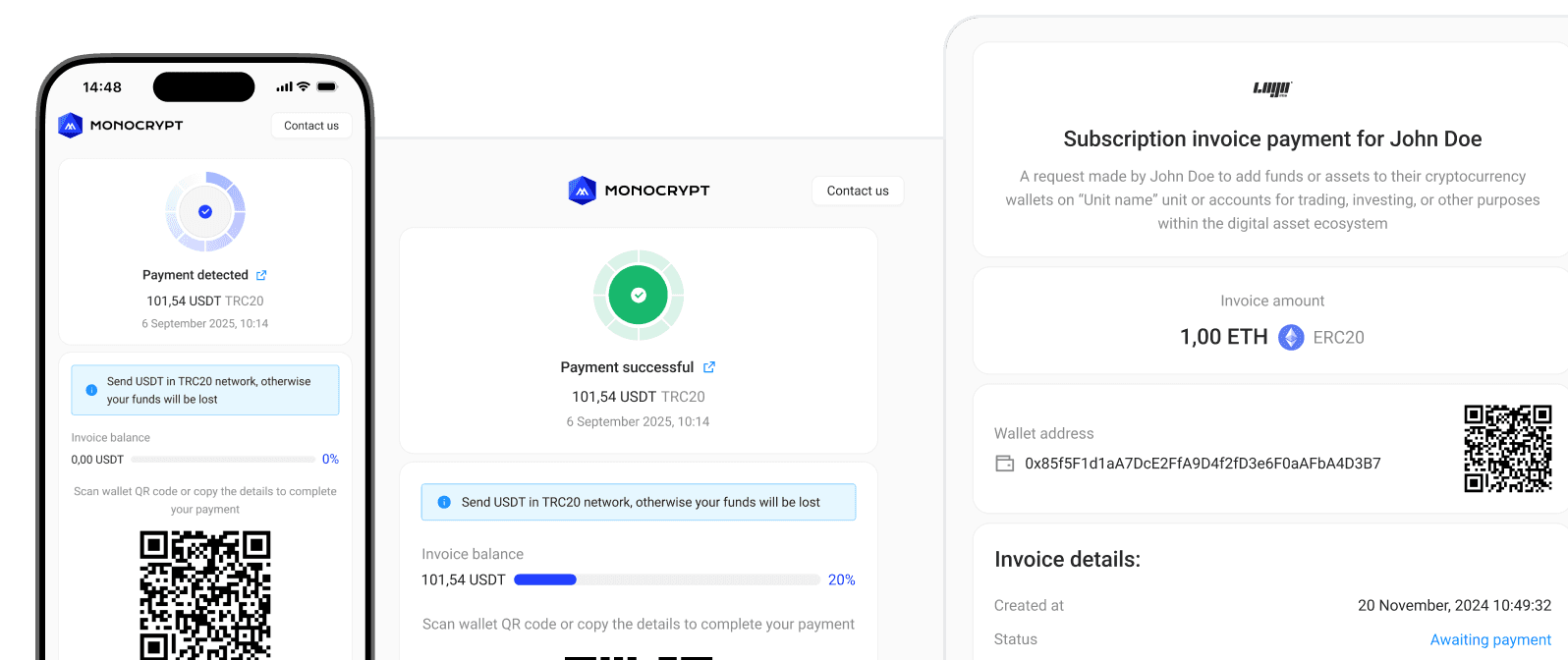 Invoice and payment status in Monocrypt